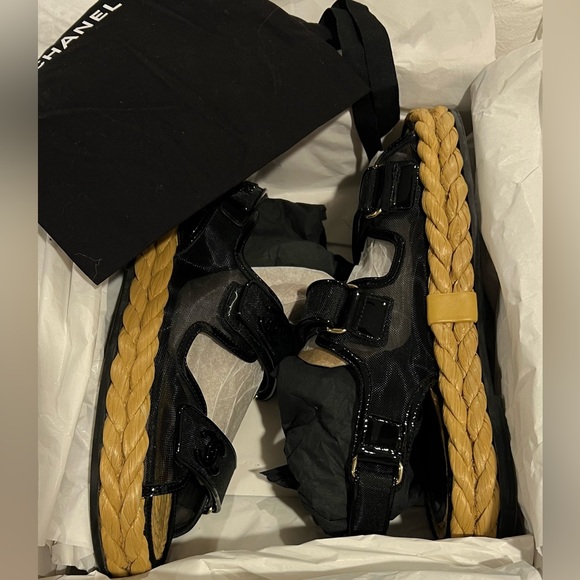 LOGO CHANEL Dad Sandals 22P Black Raffia Mesh Leather Shoes CC Logo Flats Size39 - Picture 8 of 16